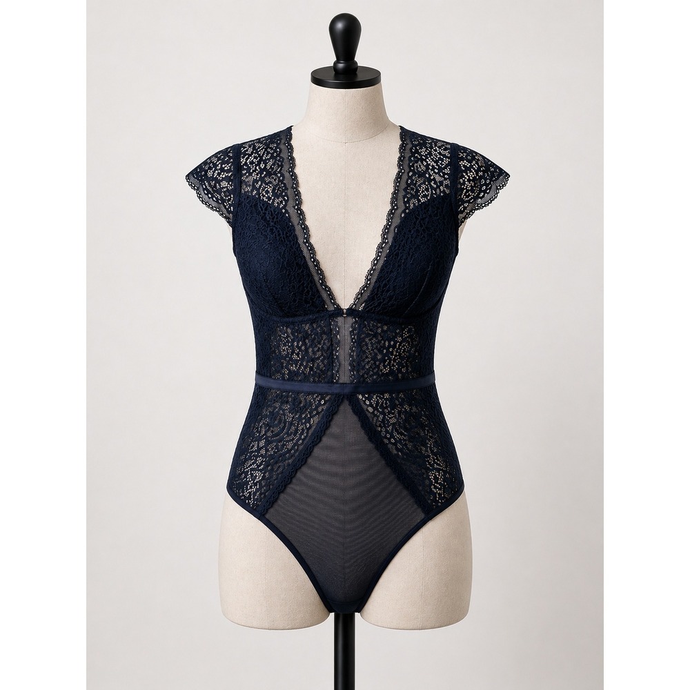 Sophie B Black Lace Mesh Teddy Bodysuit Size M Boudoir Whimsigoth Dark Romance